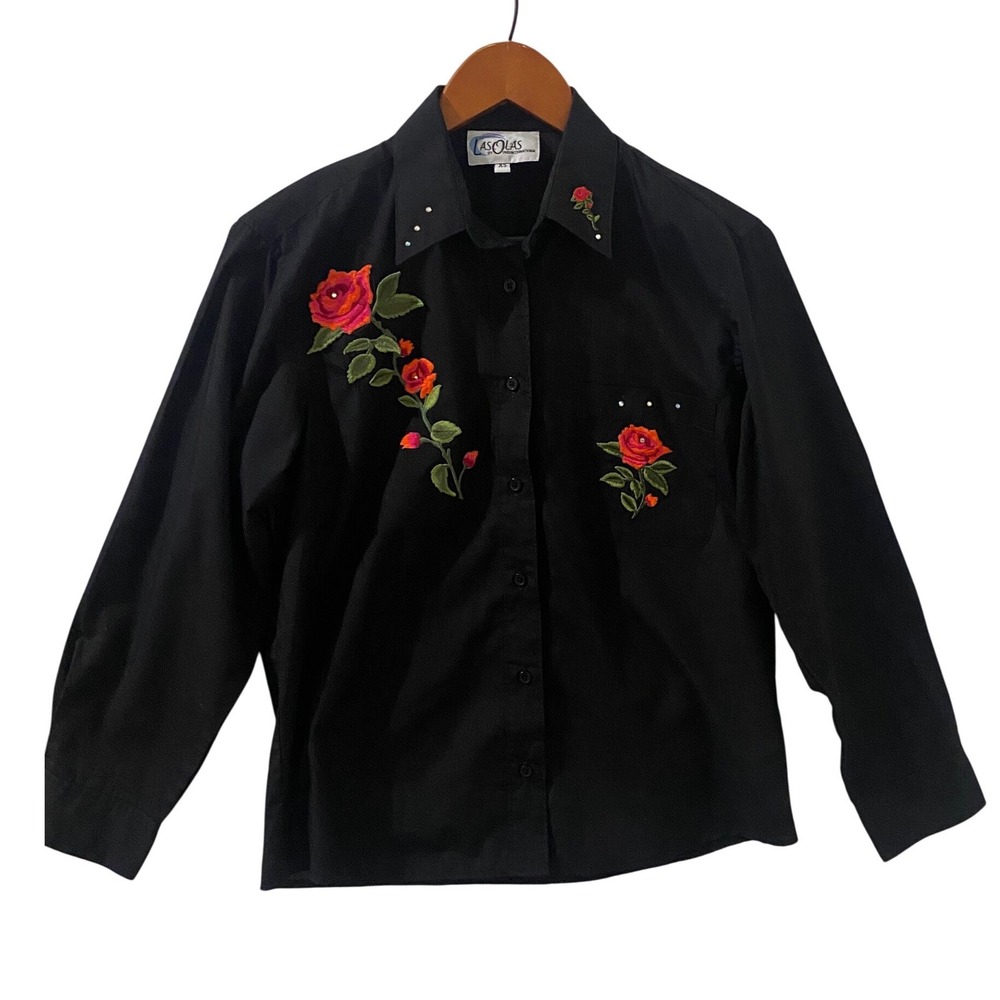 Las Olas Womens Black Rose Embroidered Button Down Shirt Rhinestone Western XS